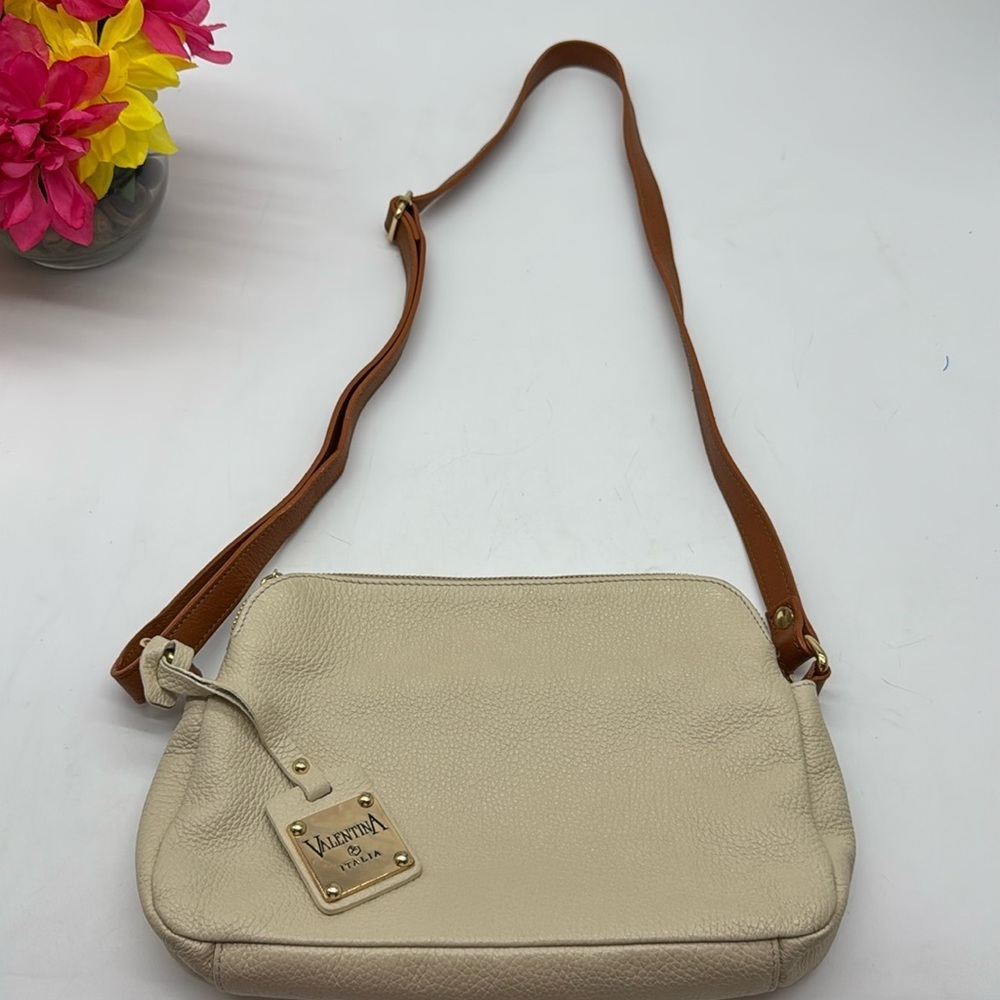 Valentina Pebble Leather Off White Carmel Color Crossbody Bag MCB7498S